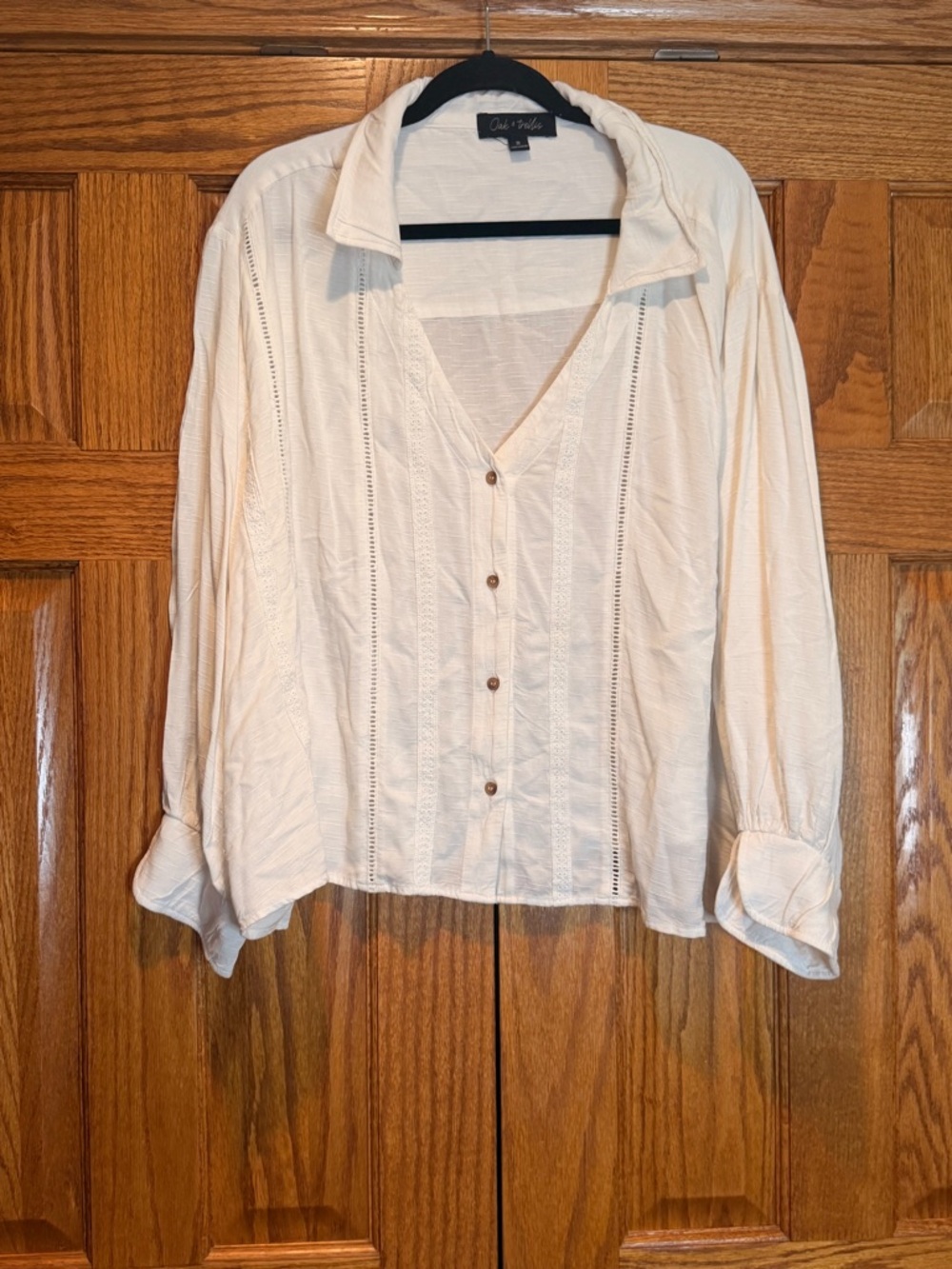 Light Cream Button-Front Women's Shirt with Subtle Eyelet Detail